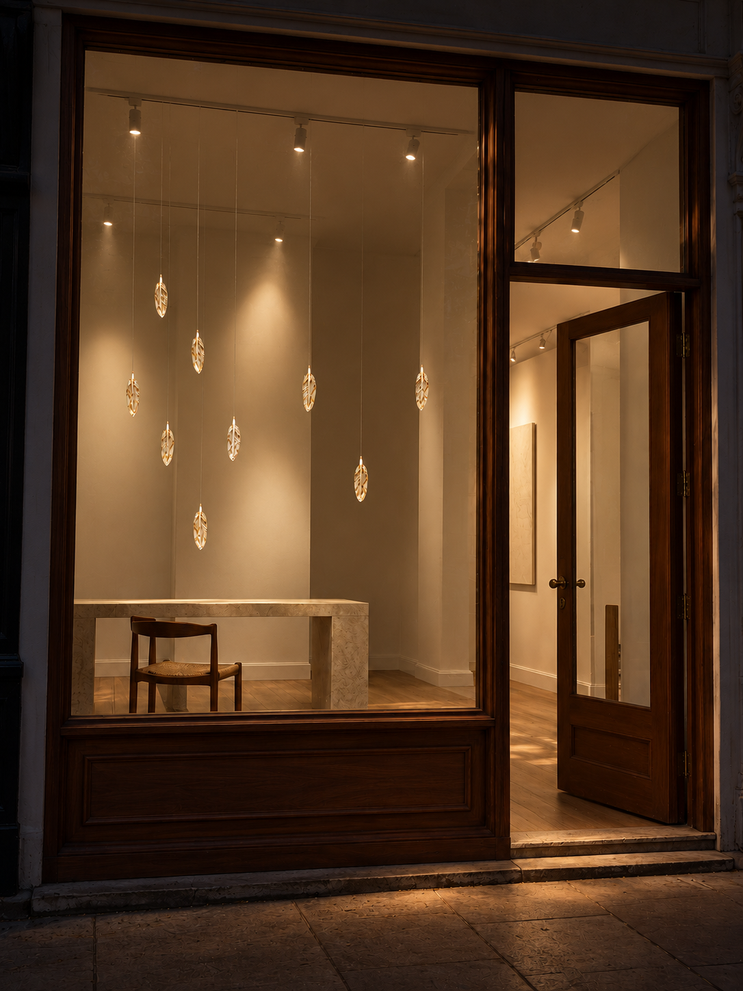 Illuminated glass feathers in the CURIO shop window at night