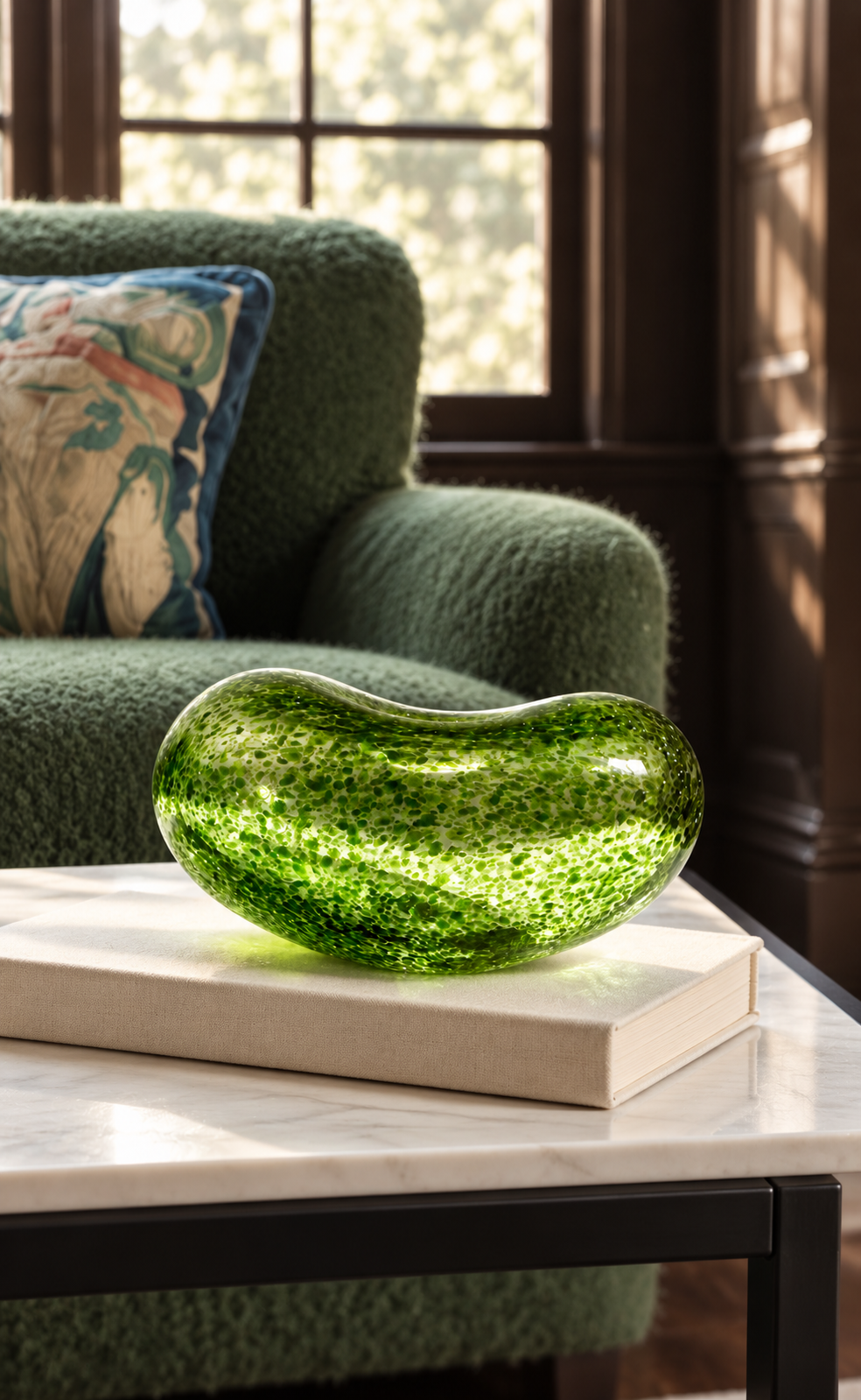 Jumbo Shimmering Moss Lucky Bean on a book on a coffee table in soft window light
