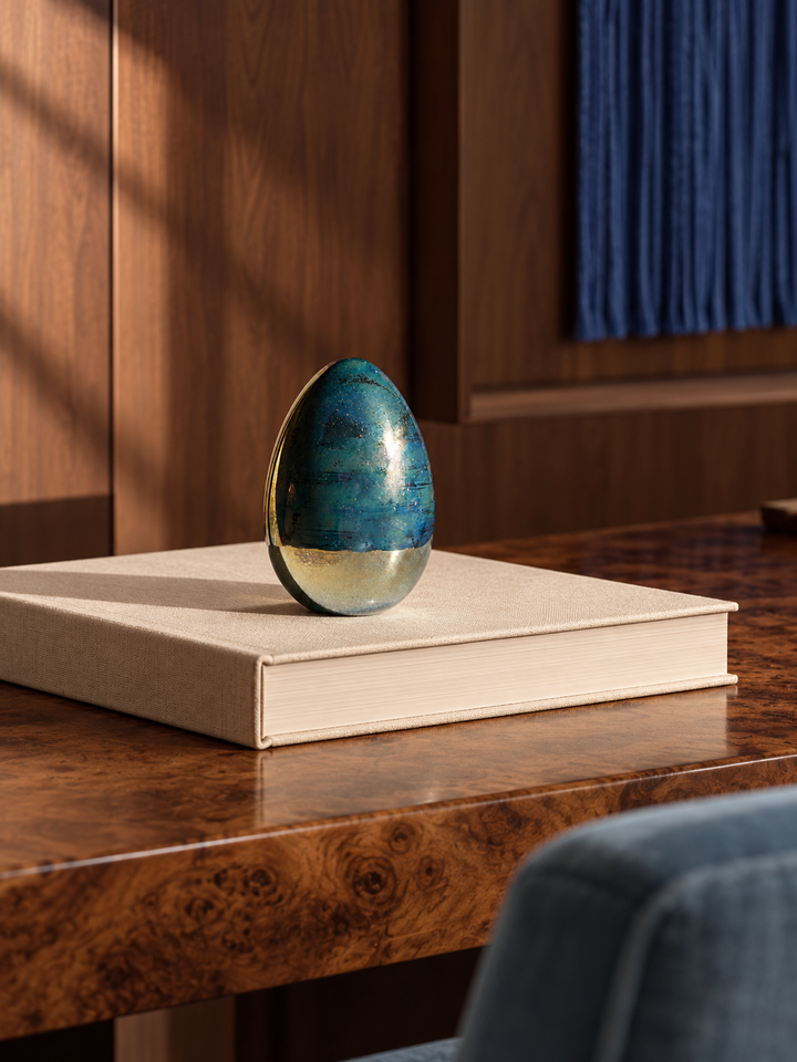 Metallic egg paperweight on a cream book on a walnut desk